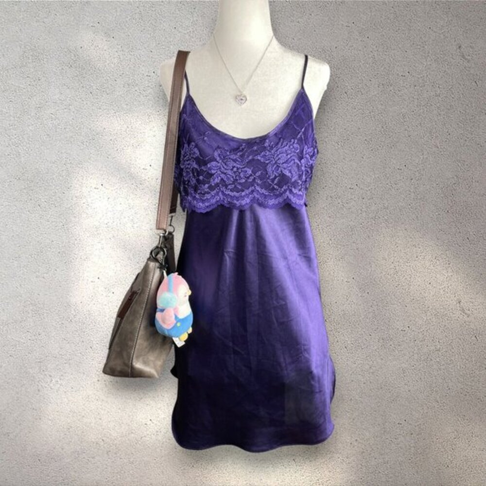 Private Luxuries Floral Slip Mini Dress Women's M Purple Satin Y2K Whimsy Fairy